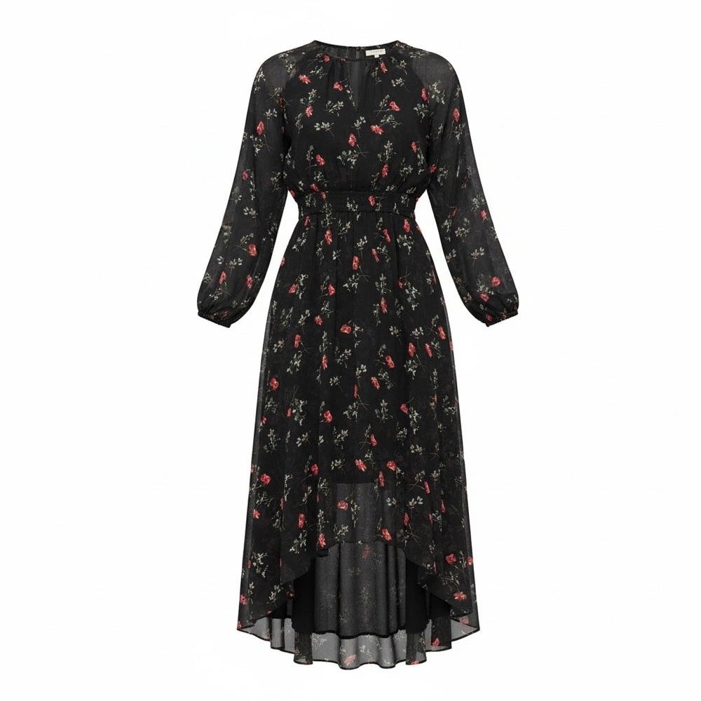 Great‎ Jones Black Floral High-Low Midi Dress Smocked Waist Long Sleeve Size 4